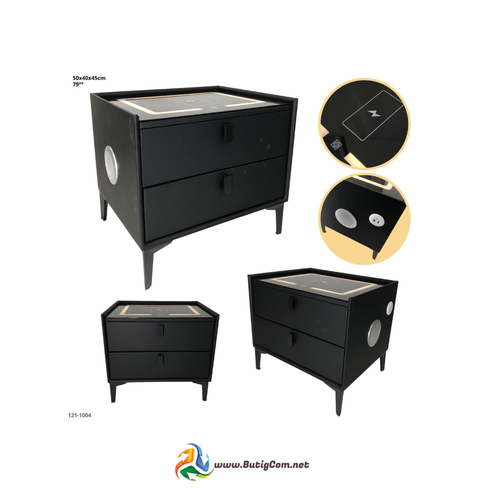 Mesita Negra de Noche con Bluetooth+Luz+Cargador 2 Gavetas