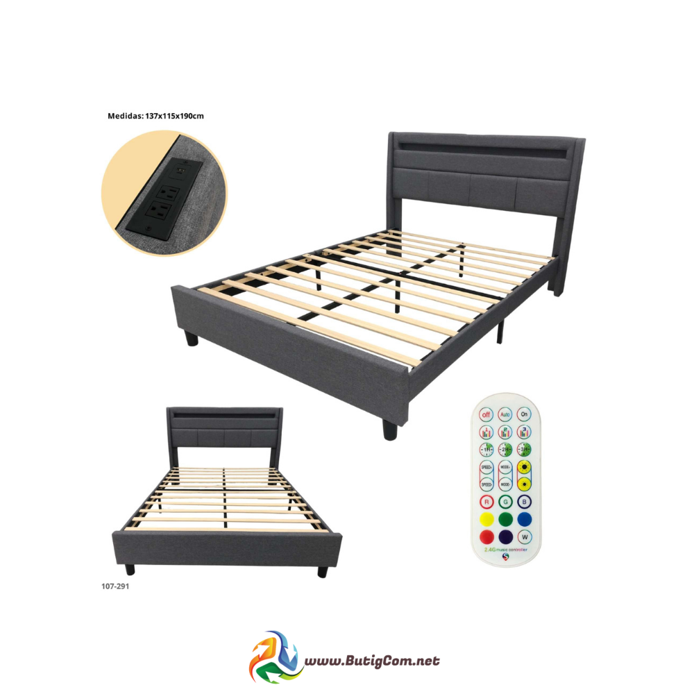 Cama Full Gris con USB/LED/Toma Corriente